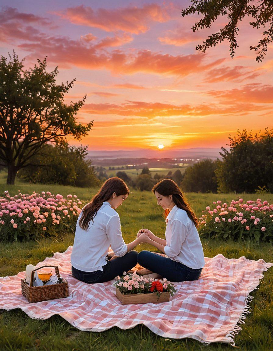 A cozy setting featuring a couple enjoying a sunset picnic, surrounded by blooming flowers and soft candlelight. Heart-shaped elements in the background symbolize love, while intertwined hands showcase connection. Include a journal and pen, hinting at practices for nurturing relationships. warm tones and gentle lighting. super-realistic. vibrant colors.
