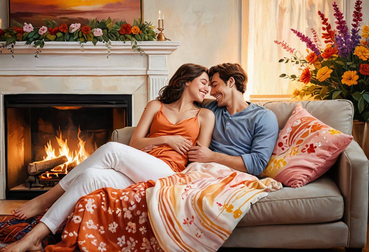A warm and inviting scene of a couple sitting close together on a cozy couch, sharing a laugh while holding hands, surrounded by soft pillows and a warm blanket. In the background, a glowing fireplace casts a soft light, creating an intimate atmosphere. Illustrative elements like hearts and flowers subtly float around them, symbolizing affection and connection. soft focus. warm colors. painting.