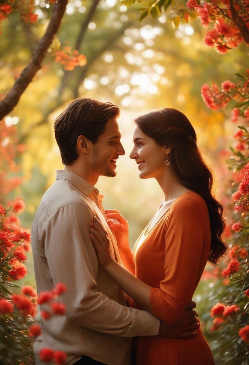 A heartwarming scene depicting a couple sharing a deep conversation, surrounded by gentle light that symbolizes intimacy. In the background, soft, blurred silhouettes of nature emphasize connection and companionship. The couple is smiling and leaning towards each other, creating a cozy and inviting atmosphere. Include rich colors that evoke warmth and affection. vibrant colors. soft focus.